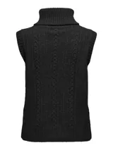 Chaleco tejido de punto con diseño de trenzas, cuello alto tipo polera y terminaciones acanaladas en el ruedo y sisas.