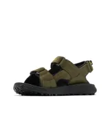 Sandalias de trekking Columbia modelo Konos Hiker 3-Strap, color verde militar con suela negra. Cuentan con tiras de ante y piel sintética con ajuste de velcro y detalles de la marca en amarillo.
