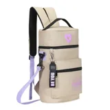 Mochila matera color beige con detalles en lila y negro. Cuenta con un bolsillo frontal extra, correa y llavero desmontable, y tiras con tela mesh. Tiene un parche de corazón lila en la parte superior y la palabra "TRENDY" estampada en lila en el bolsillo frontal.