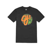 Remera negra de manga corta con cuello redondo y estampado circular en el frente con el logo de OJ Wheels en naranja y verde.