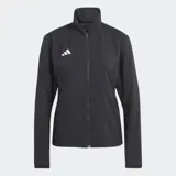 Campera de running Adidas color negro, con cierre frontal completo, cuello alto y logo de la marca en el pecho. Presenta un diseño técnico con paneles perforados bajo las axilas para mayor transpirabilidad y bolsillos laterales con cierre.
