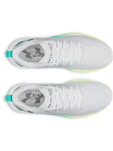 Championes de running Under Armour modelo Velociti, color gris claro con detalles en verde neón y amarillo. Presentan un diseño minimalista con tejido superior elástico, entresuela de espuma reactiva y suela de goma duradera.