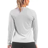 Remera deportiva negra de manga larga con protección UV50+ y logo blanco en el pecho.