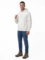Buzo con capucha y bolsillo canguro marca Cat, color blanco, con logotipo bordado en el pecho y puños y banda inferior de punto elástico.