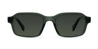 Lentes de sol modelo Fara con armazón rectangular de cantos suavizados en color verde oscuro traslúcido y lentes polarizadas en tono verde oscuro.