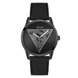 Reloj analógico Guess modelo Clark, con caja redonda negra y correa de silicona negra. La esfera negra presenta un gran triángulo plateado con diseño geométrico en su interior, y las agujas son plateadas.