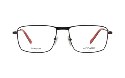 Armazón para anteojos de metal color negro, de forma rectangular y con varillas rojas.