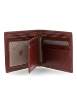 Billetera de cuero marrón con compartimentos internos para tarjetas, visor transparente y volante interior abatible.