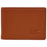 Billetera de cuero color marrón con diseño de doble pliegue y logo de la marca grabado en la parte frontal.