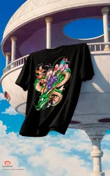 Remera negra de corte oversize con estampa frontal a todo color de personajes de Dragon Ball montados sobre el dragón Shenlong.