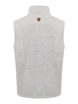 Chaleco gris melange modelo York de RKF, confeccionado con poliéster reciclado. Presenta exterior tipo tejido sweater jaspeado e interior de suave micropolar, con cuello alto, cierre frontal completo, bolsillos laterales y un bolsillo con cierre en el pecho.