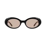 Lentes de sol con montura ovalada de acetato negro y lentes marrones.