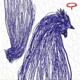 Pañuelo cuadrado de seda con estampado artístico de gallos en color azul sobre fondo blanco con patrón de huevos.