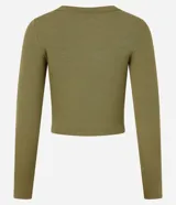 Top corto de manga larga, color blanco hueso, con escote redondo profundo y tejido acanalado.