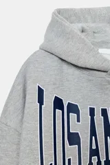 Sudadera gris con capucha y manga larga. Presenta un bolsillo canguro en la parte delantera y un estampado en azul marino con el texto "LOS ANGELES CALIFORNIA EST. 1975". Los acabados son de rib.