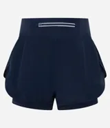 Bermuda deportiva tipo runner de microfibra color azul marino, con cintura elástica, bolsillo con cierre y diseño holgado con bajo redondeado.