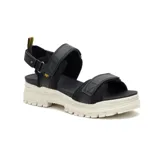 Sandalias Caterpillar modelo Second Chance para mujer, en color negro con suela gruesa track color marfil. Presentan tiras anchas con ajuste de velcro y detalles de la marca en amarillo.