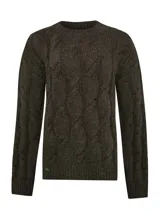 Sweater de lana marrón oscuro con cuello redondo y diseño de trenzas en relieve.