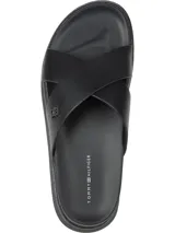 Sandalias Tommy Hilfiger negras con tiras cruzadas y logo de la marca en la tira superior.