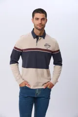 Remera polo de manga larga con diseño de bloques de color horizontales en tonos azul, verde y marrón. Presenta cuello clásico, cierre frontal con botones y bordado en el pecho. Cuenta con puños elásticos acanalados.