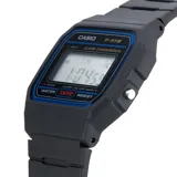 Reloj digital Casio modelo F-91W-1HDG, caja y correa de resina negra. Esfera digital con hora, fecha, cronómetro y alarma.