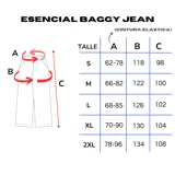 Pantalón de jean negro con lavado oscuro y efecto desgastado, de corte muy ancho (baggy) y tiro medio/alto con cintura elástica. Presenta bolsillos delanteros y traseros.