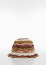 Sombrero tipo bucket tejido en fibra natural multicolor a rayas horizontales.