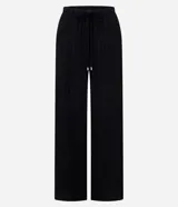 Pantalón femenino de corte recto y fluido, cintura alta con elástico y lazo ajustable. Tejido de chiffon texturizado.