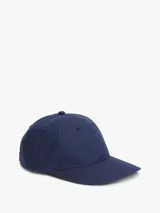 Gorra de béisbol azul marino con diseño de seis paneles, motivo de logos en jacquard y visera curvada con costuras texturizadas.