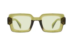 Lentes de sol unisex con montura cuadrada de acetato color verde oliva y lentes amarillas.