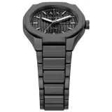 Reloj analógico Armani Exchange modelo Sync con caja y malla de acero inoxidable en color gris oscuro. Esfera negra con textura de líneas verticales, indicadores de hora plateados y ventana de fecha y día de la semana.