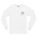 Remera de manga larga color blanco, con cuello redondo y estampa pequeña en el pecho que muestra un dinosaurio dentro de un círculo azul con un detalle rosa. La prenda es de corte clásico y confeccionada en algodón.