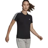 Remera Adidas Essentials de corte ajustado color negro, con tres rayas blancas en las mangas y logo bordado en el pecho.