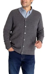 Cardigan de cashmere color gris oscuro, de corte regular, con escote en V, cierre frontal con botones y mangas largas.