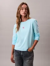 Remera de manga larga Calvin Klein de color celeste, con cuello redondo y corte regular. Presenta un pequeño logo bordado en el pecho.