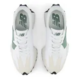 Championes New Balance 327 unisex, color blanco con logo "N" en verde y detalles en beige.