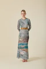 Vestido largo de tul con estampado artístico de cisnes en un paisaje lacustre. Presenta cuello redondo, mangas largas y corte entallado con caída fluida.