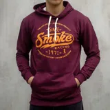 Canguro bordó con capucha y cordones blancos. Estampado frontal con la palabra "Smoke" en color naranja y detalles de texto en blanco.