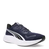 Championes de running Puma modelo Pounce Lite, color azul marino con detalles en blanco y negro. Presentan una parte superior de malla transpirable con refuerzos sintéticos, entresuela de espuma ultraligera y suela con tecnología Protread para mayor tracción y durabilidad.