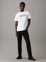 Remera blanca de algodón con cuello redondo y mangas cortas. Estampado frontal con el logo de Calvin Klein en un recuadro gris.