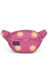 Riñonera JanSport modelo Fifth Avenue, color negro, con estampado de flores sonrientes en color amarillo claro.