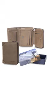 Billetera marrón de cuero sintético con broche, monedero con cierre, porta billetes y compartimentos para tarjetas.