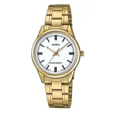 Reloj Casio para mujer, con caja y correa de acero inoxidable color dorado. La esfera es blanca con agujas doradas y marcadores de hora en color negro.