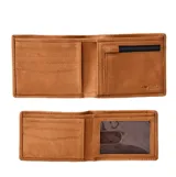 Billetera plegable de cuero color marrón, con diseño compacto y funcional. Incluye sistema 2 en 1 con billetera interna extraíble, múltiples ranuras para tarjetas, ventana transparente para identificación y protección RFID.