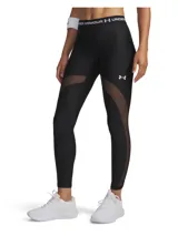 Calza deportiva Under Armour de tiro medio, confeccionada en tejido HeatGear elástico y transpirable. Presenta paneles de malla laterales para mayor ventilación, cintura elástica con logo de la marca y costuras diseñadas para estilizar la figura.