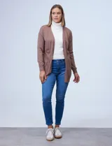 Cardigan gris de tejido de hilado fino, marca Workshop, con bolsillos delanteros.