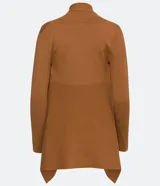 Cardigan largo de punto texturizado color ladrillo, con abertura frontal y terminación en puntas.