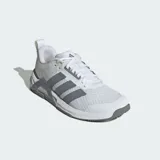 Championes de entrenamiento Adidas Dropset Control, color blanco con detalles en gris. Diseñados para levantamiento de pesas, cuentan con exterior de malla transpirable, mediasuela estable REPETITOR y sistema de torsión de TPU en el mediopié para mayor sujeción.