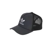 Gorra Adidas Trucker negra con logo blanco en el frente y paneles traseros de malla.