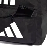 Mochila Adidas negra con diseño clásico, con tres franjas verticales blancas y el logotipo de la marca estampado en blanco sobre el bolsillo frontal con cierre.